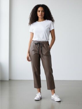 NWT Robell Kati 09 Faux Leather Drawstring Waist Slim Fit Trouser in Grey Sz 14
